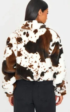 PrettyLittleThing Faux Fur Coats*Faux Fur Cow Print Zip Jacket