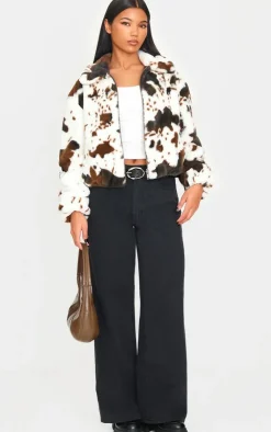 PrettyLittleThing Faux Fur Coats*Faux Fur Cow Print Zip Jacket