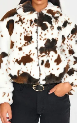 PrettyLittleThing Faux Fur Coats*Faux Fur Cow Print Zip Jacket