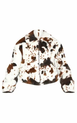 PrettyLittleThing Faux Fur Coats*Faux Fur Cow Print Zip Jacket