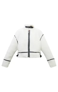 PrettyLittleThing Teddy Coats*Faux Leather Contrast Trim Teddy Aviator Jacket