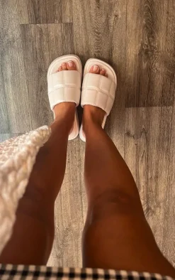 PrettyLittleThing Slides*Faux Leather Square Thick Quilted Padded Strap Slides