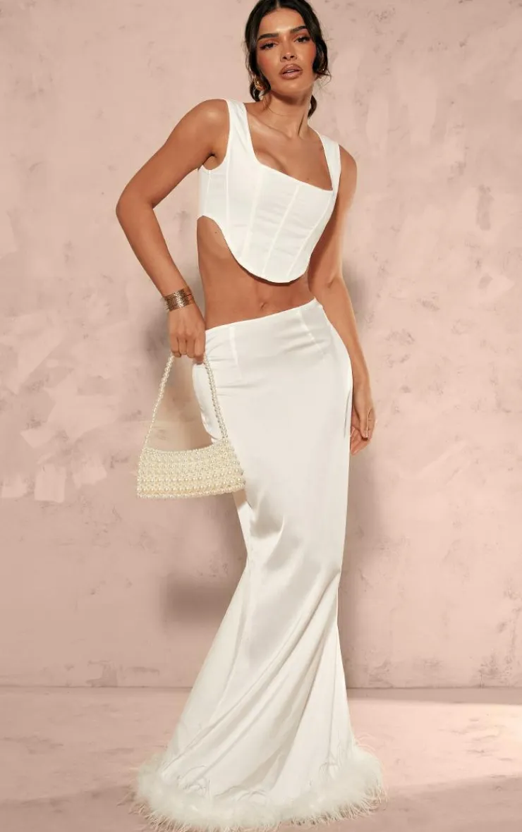 Feather Trim Satin Maxi Skirt-PrettyLittleThing Online