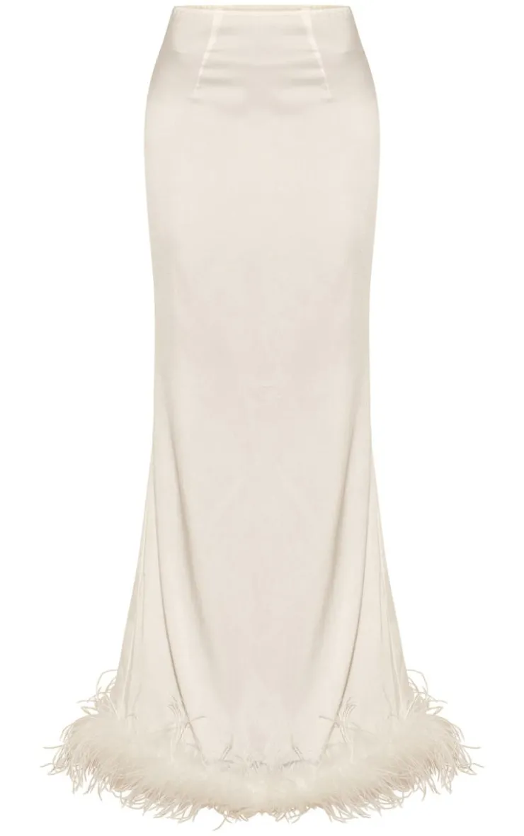 Feather Trim Satin Maxi Skirt-PrettyLittleThing Online