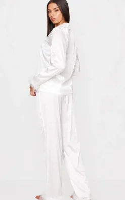 White Feather Trim Satin Long Pajama Set