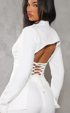 New PrettyLittleThing Fitted Lace Up Back Blazer White