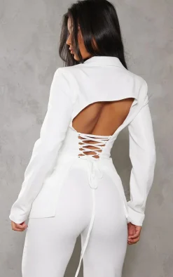 New PrettyLittleThing Fitted Lace Up Back Blazer White
