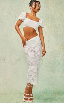 New PrettyLittleThing Floral Applique High Waist Midi Skirt White