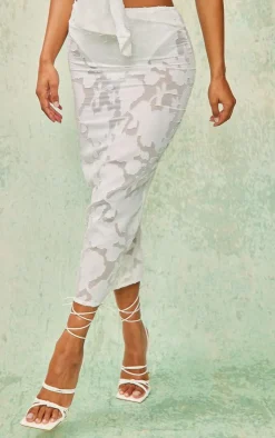 New PrettyLittleThing Floral Applique High Waist Midi Skirt White