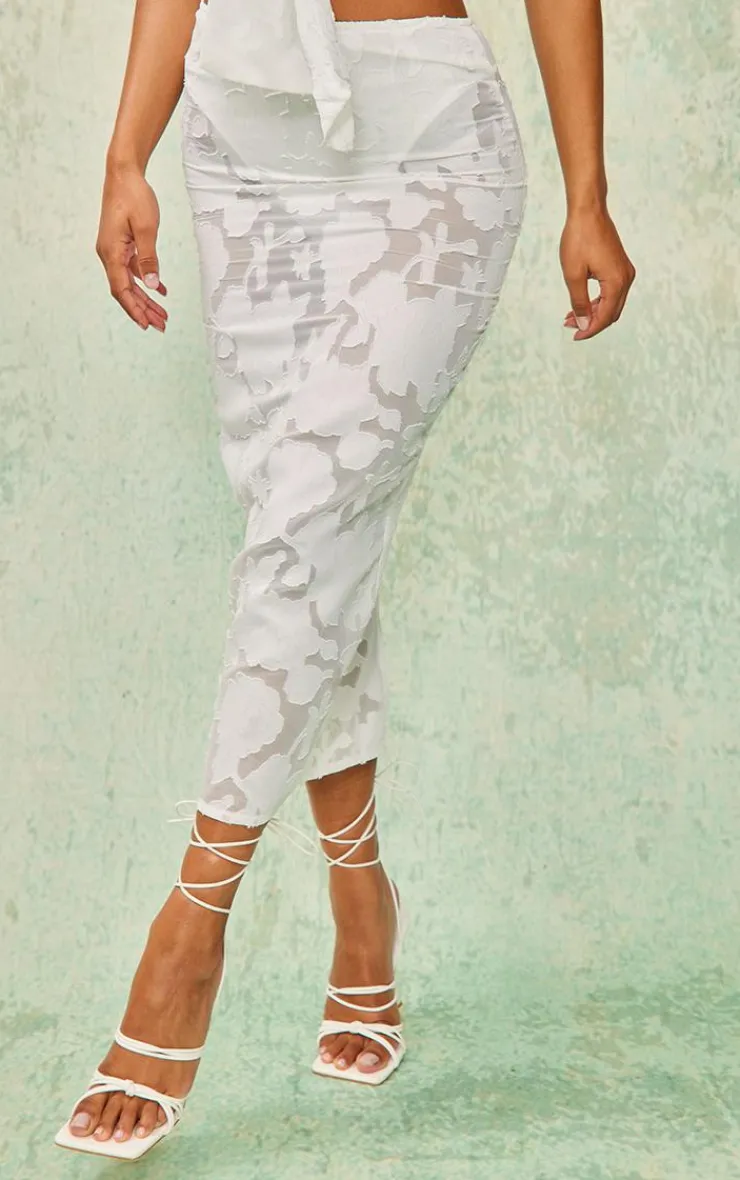 New PrettyLittleThing Floral Applique High Waist Midi Skirt White