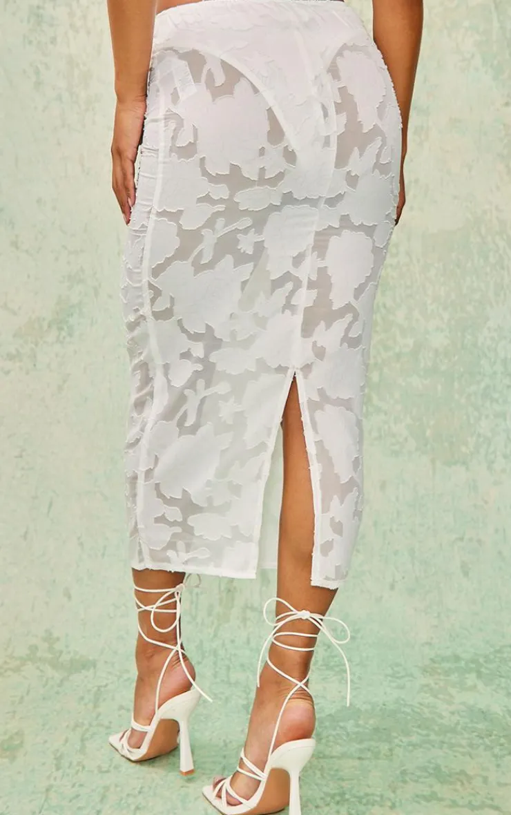 New PrettyLittleThing Floral Applique High Waist Midi Skirt White