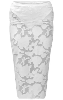 New PrettyLittleThing Floral Applique High Waist Midi Skirt White