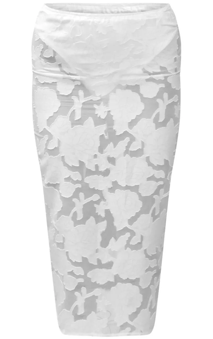 New PrettyLittleThing Floral Applique High Waist Midi Skirt White