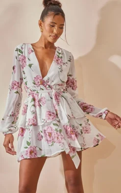 Floral Chiffon Double Tier Plunge Skater Dress-PrettyLittleThing