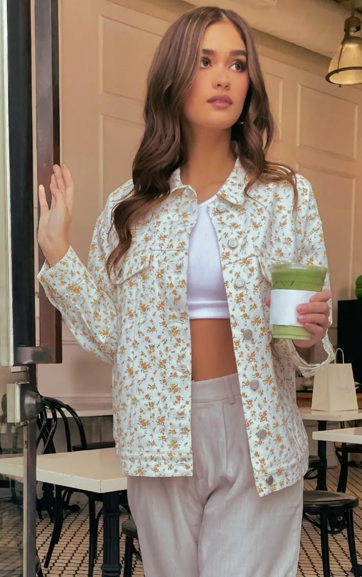 White Floral Ditsy Oversized Denim Jacket