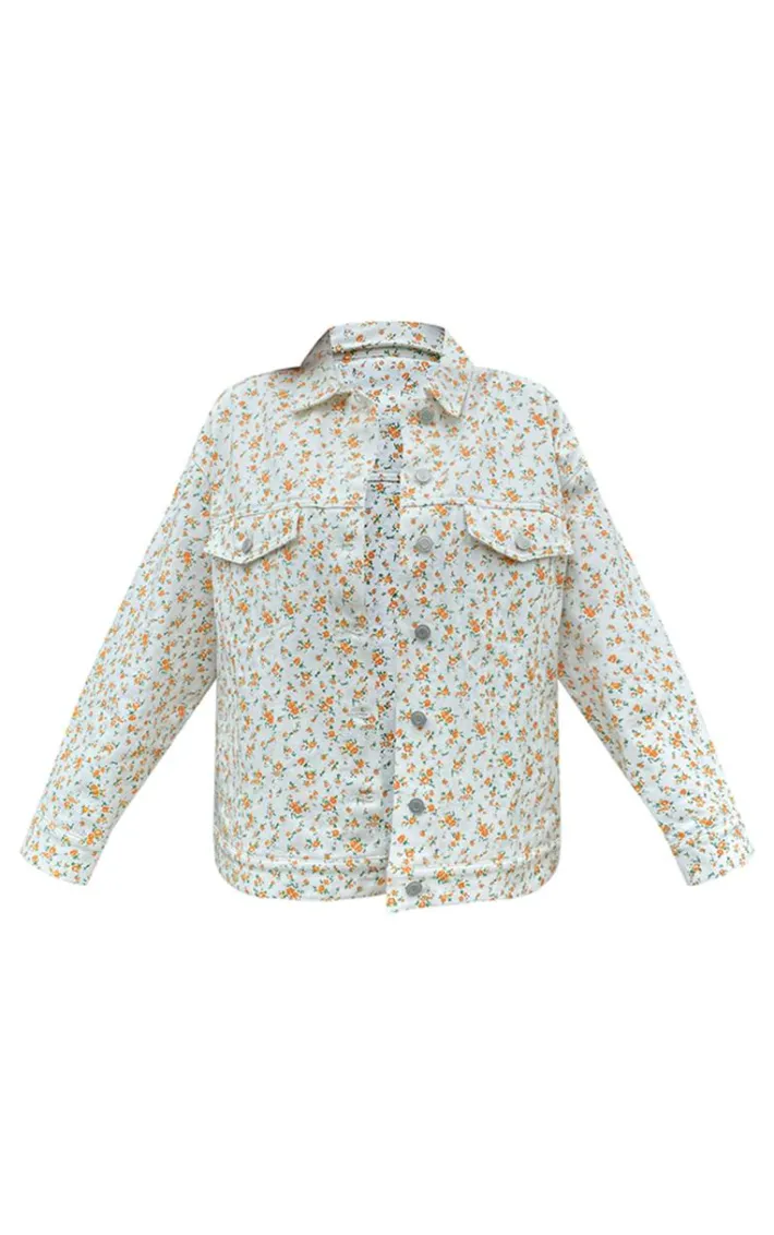White Floral Ditsy Oversized Denim Jacket