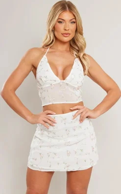 Sale PrettyLittleThing Floral Embroidered Sheer Mini Skater Skirt White