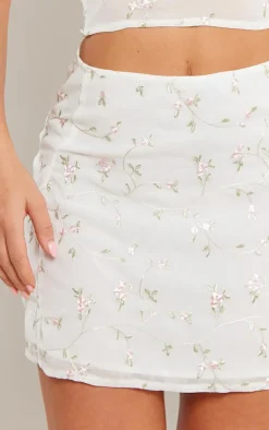 Sale PrettyLittleThing Floral Embroidered Sheer Mini Skater Skirt White