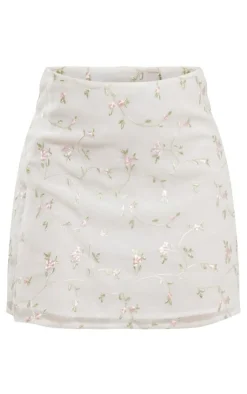 Sale PrettyLittleThing Floral Embroidered Sheer Mini Skater Skirt White