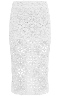 Clearance PrettyLittleThing Floral Lace Mid Rise Midaxi Skirt White