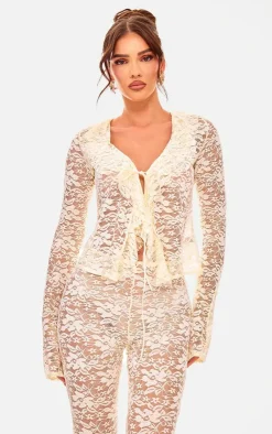 PrettyLittleThing Shirts*Floral Lace Ruffle Tie Front Shirt
