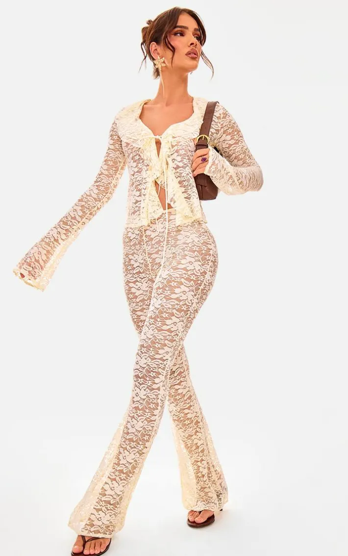 White Floral Lace Skinny Flare Pants