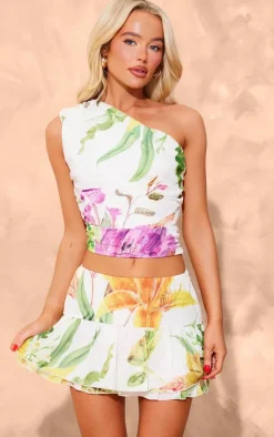 New PrettyLittleThing White Floral Print Chiffon Ruffle Mini Skirt Orange
