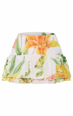 New PrettyLittleThing White Floral Print Chiffon Ruffle Mini Skirt Orange