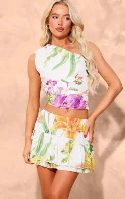 Online PrettyLittleThing Floral Print Chiffon One Shoulder Top White