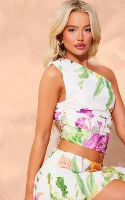 Online PrettyLittleThing Floral Print Chiffon One Shoulder Top White