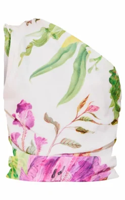 Online PrettyLittleThing Floral Print Chiffon One Shoulder Top White