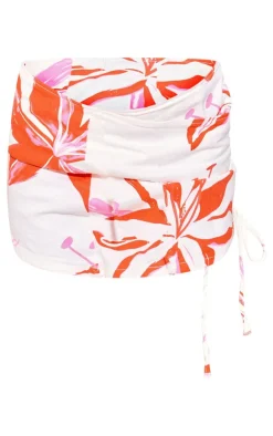 White Floral Print Denim Wrap Lace Up Mini Skirt