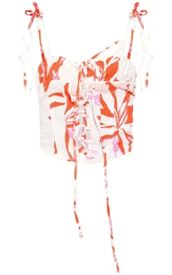 White Floral Print Denim Lace Up Crop Top