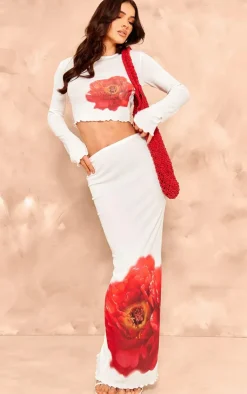 PrettyLittleThing Floral Print Maxi Skirt White