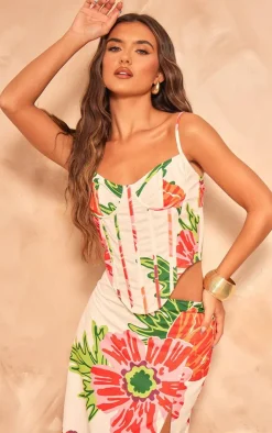 New PrettyLittleThing Floral Printed Boned Corset Top White