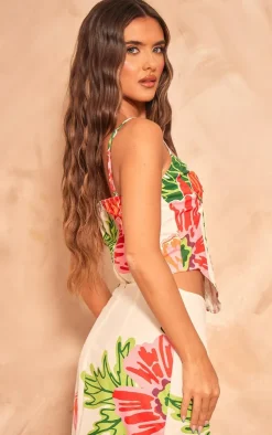 New PrettyLittleThing Floral Printed Boned Corset Top White