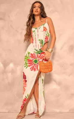 Online PrettyLittleThing Floral Printed Thigh High Split Maxi Skirt White