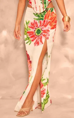 Online PrettyLittleThing Floral Printed Thigh High Split Maxi Skirt White