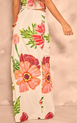 Online PrettyLittleThing Floral Printed Thigh High Split Maxi Skirt White