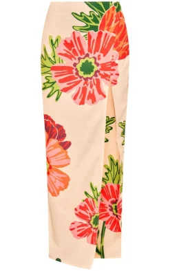 Online PrettyLittleThing Floral Printed Thigh High Split Maxi Skirt White