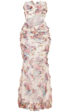 Floral Textured Ruched Cut Out Maxi Dress-PrettyLittleThing Online