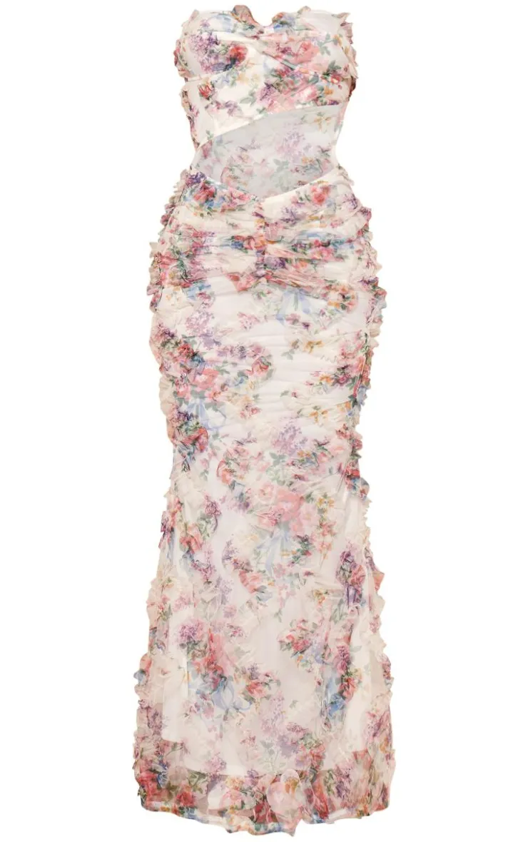 Floral Textured Ruched Cut Out Maxi Dress-PrettyLittleThing Online