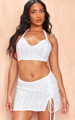 Clearance PrettyLittleThing Flower Broderie Halterneck Crop Top White