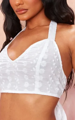 Clearance PrettyLittleThing Flower Broderie Halterneck Crop Top White