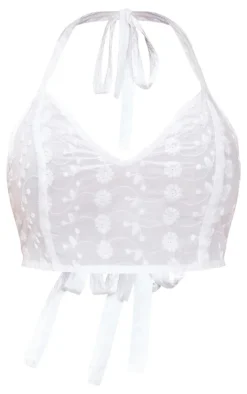 Clearance PrettyLittleThing Flower Broderie Halterneck Crop Top White