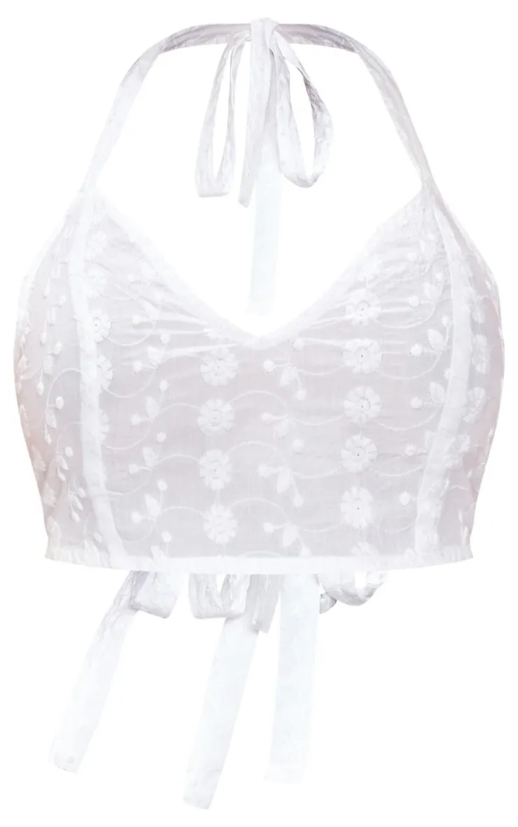 Clearance PrettyLittleThing Flower Broderie Halterneck Crop Top White
