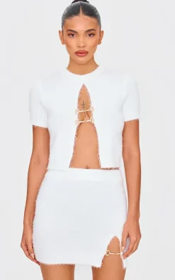 Online PrettyLittleThing Fluffy Knit Embellished Top White