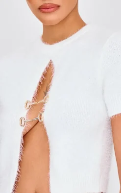 Online PrettyLittleThing Fluffy Knit Embellished Top White