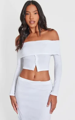 PrettyLittleThing Foldover Button Detail Off The Shoulder Top White