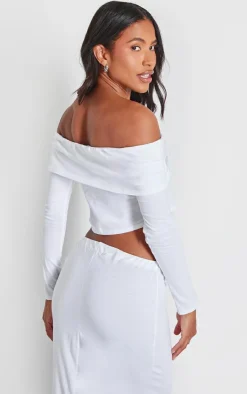 PrettyLittleThing Foldover Button Detail Off The Shoulder Top White